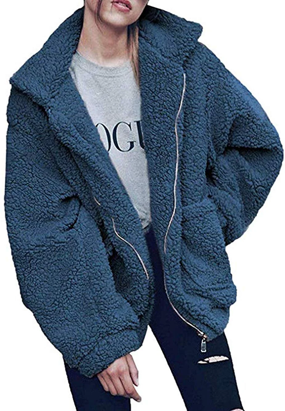 Women's Coat Casual Lapel Fleece Fuzzy Faux Shearling Zipper Coats Warm Winter Oversized Outwear Jackets