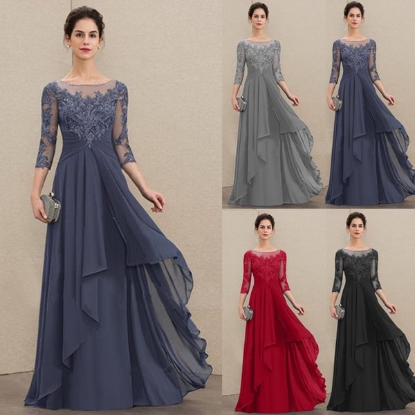 New Women Fashion Chiffon Lace Dresses Mother Of The Bride Long Dress Patchwork Sexy Elegant Half Sleeve A-Line Scoop Neck Evening Dress Floor Length Party Dress Ladies Plus Size Maxi Prom Dress - Chicaggo