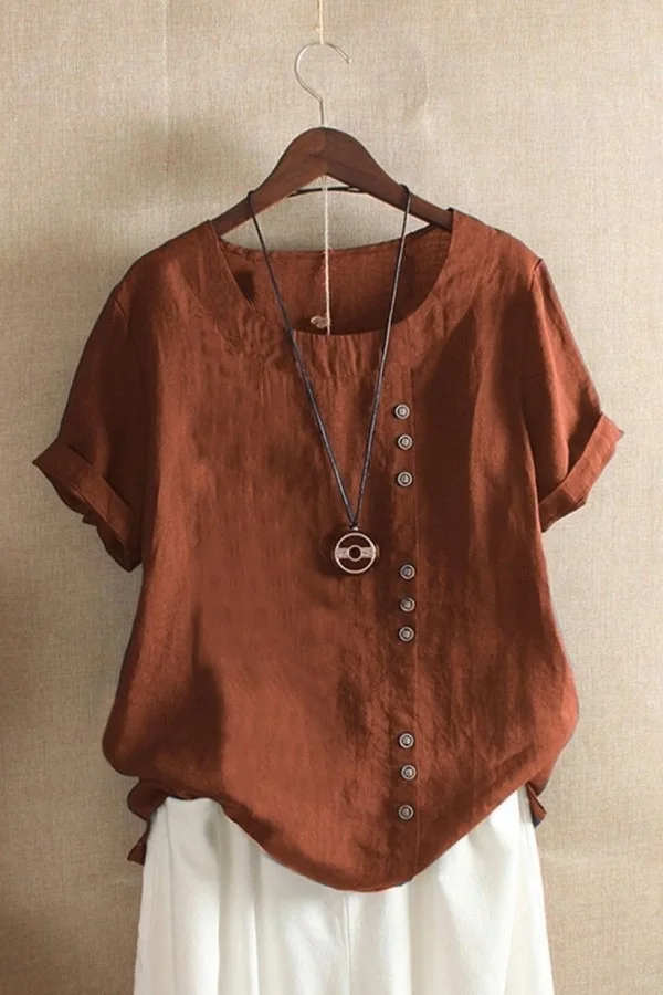 Women's Round Neck Solid Color Buttons Short Sleeves Blouse