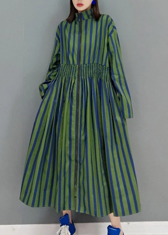 Green Maxi Dresses Stand Collar Cinched