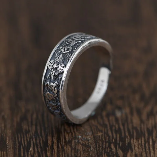 Sterling Silver Six Character Truth Vajra Ring