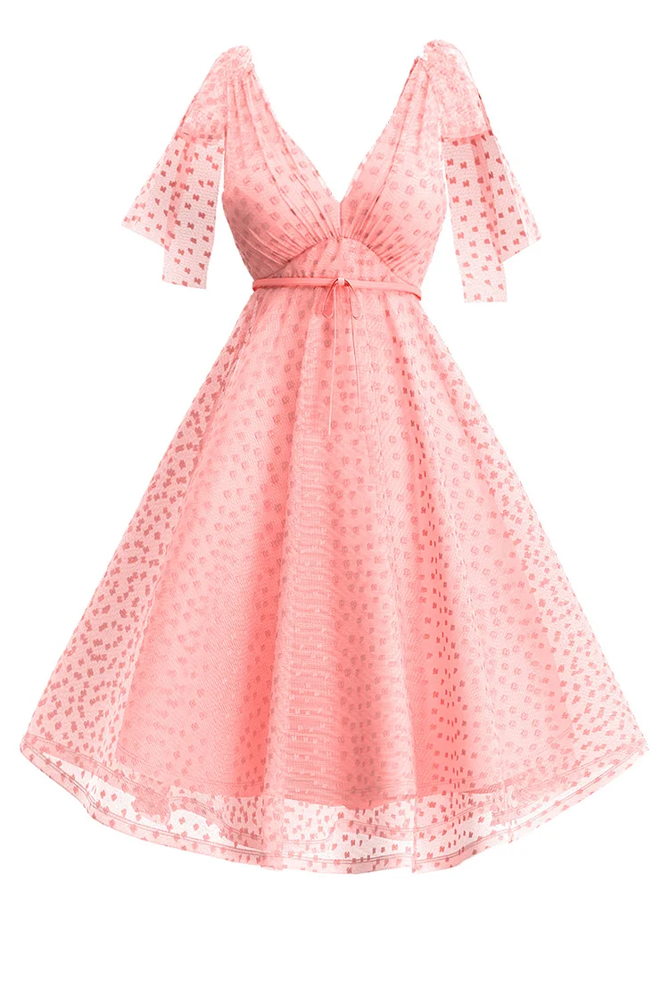 1950s Pink Casual Mesh Swiss Dot Shoulder Lace Up Backless Bilayer Midi Dress