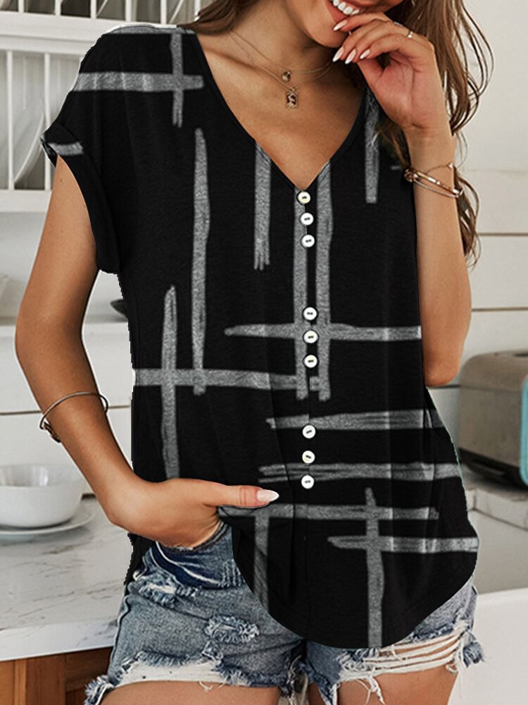 Short Sleeve V neck Button Stripe Women T Shirt P1849634
