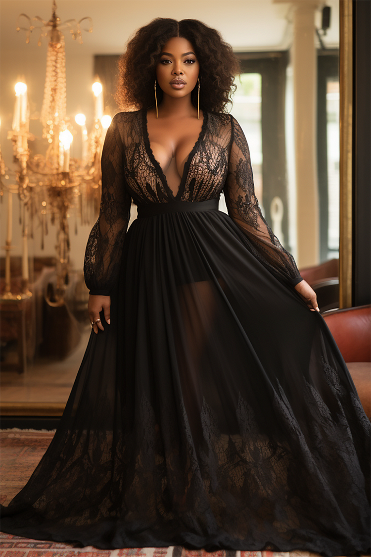Plus Size Party Maxi Dresses Black Fall Winter V Neck Long Sleeve See-Through Lace Maxi Dresses [Pre-Order]