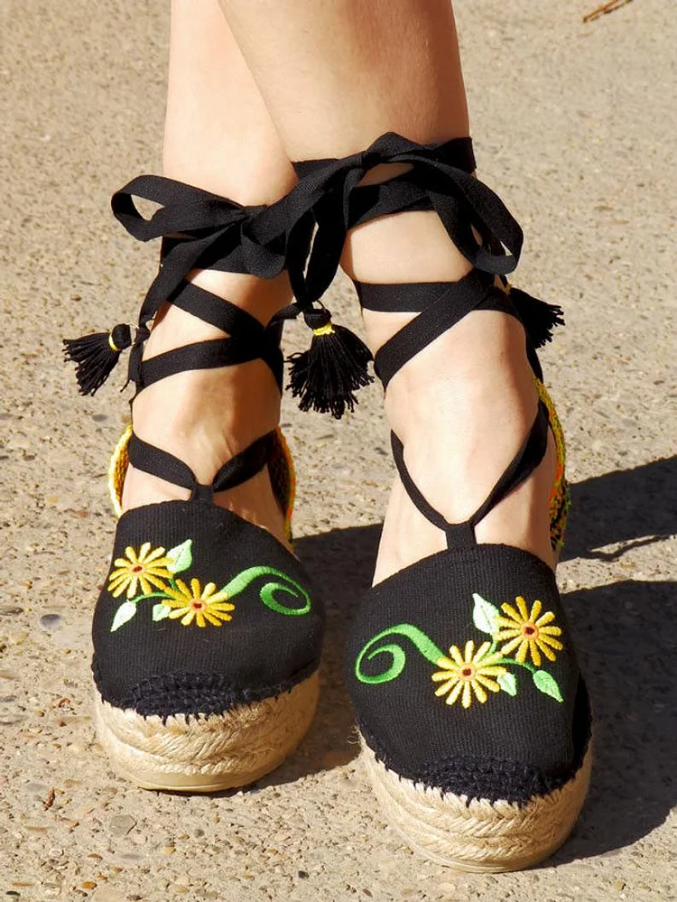 Black Canvas Espadrille Sandals Fringe Strappy Flatform Shoes |FSJ Shoes