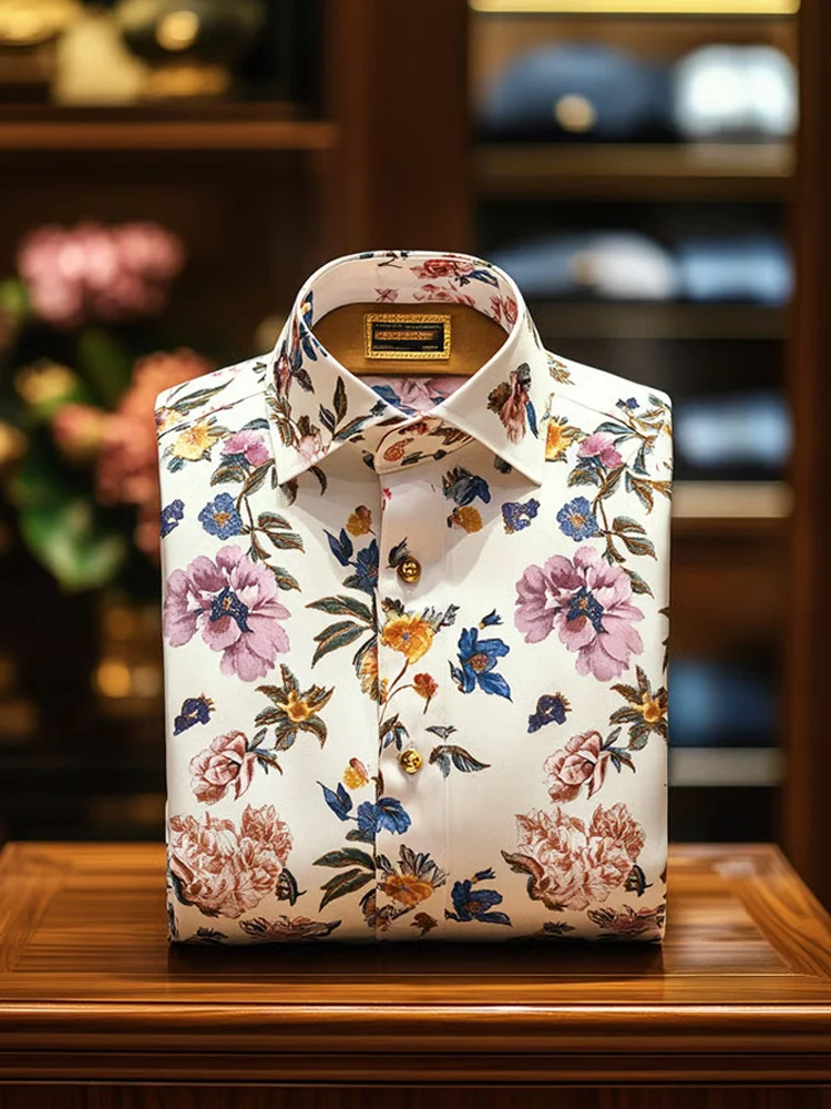 Men's Business Casual Floral Print Long Sleeve Polo Shirt