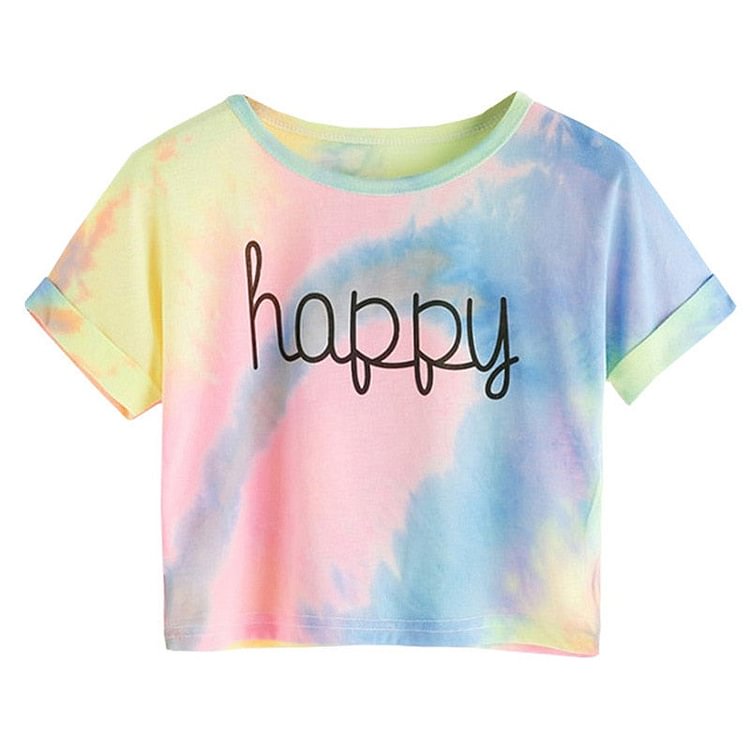 Happy Letter Printed Tie Dye Print Knot Front Casual Girls T-Shirts Drop shipping In Stock - BlackFridayBuys
