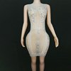 TAAFO Dresses Glittering Diamonds Mini Nude Stretchy Mesh Evening Gown Club Dress For Evening Party