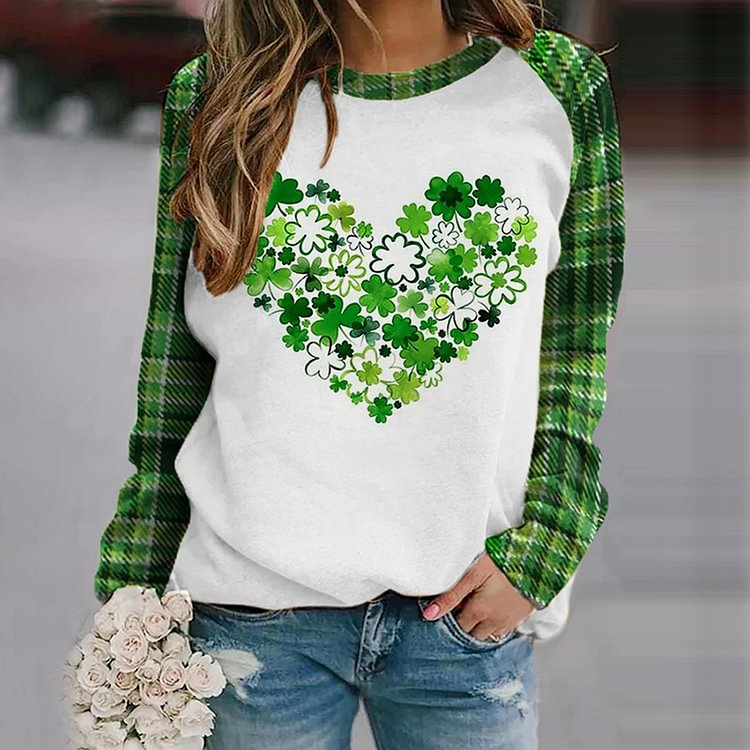 Comstylish St. Patrick's Day Love Heart Shamrock Plaid Print Casual Sweatshirt