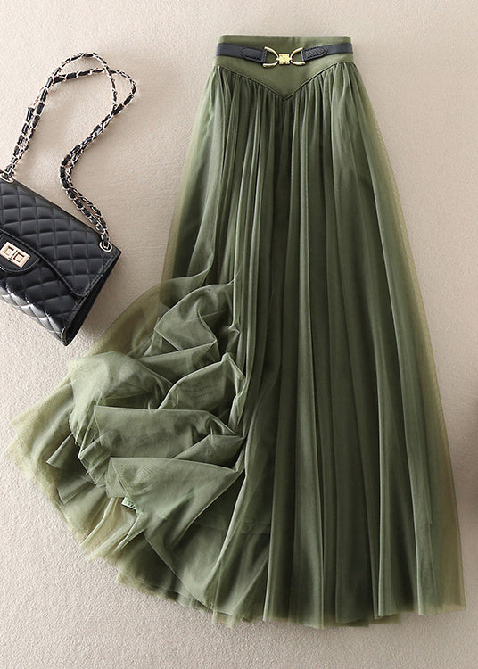 Wide Waistband Tulle Ruffled Skirt A-Line Dress Green