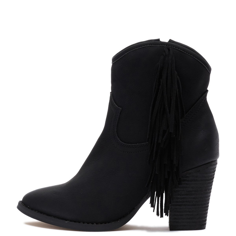 TAAFO Black Fringe Ankle Boots High Chunky Heels Woman Almond Toe Booties Zip Ladies Shoes 