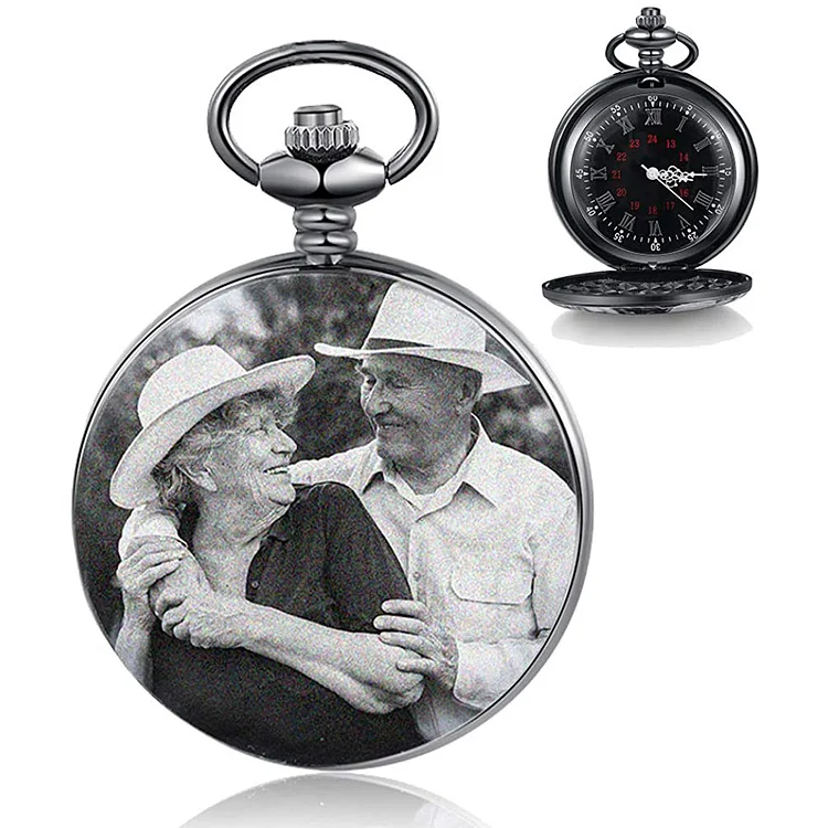 Personalized Photo Pocket Watch with Engraved Vintage Black Watch for Men