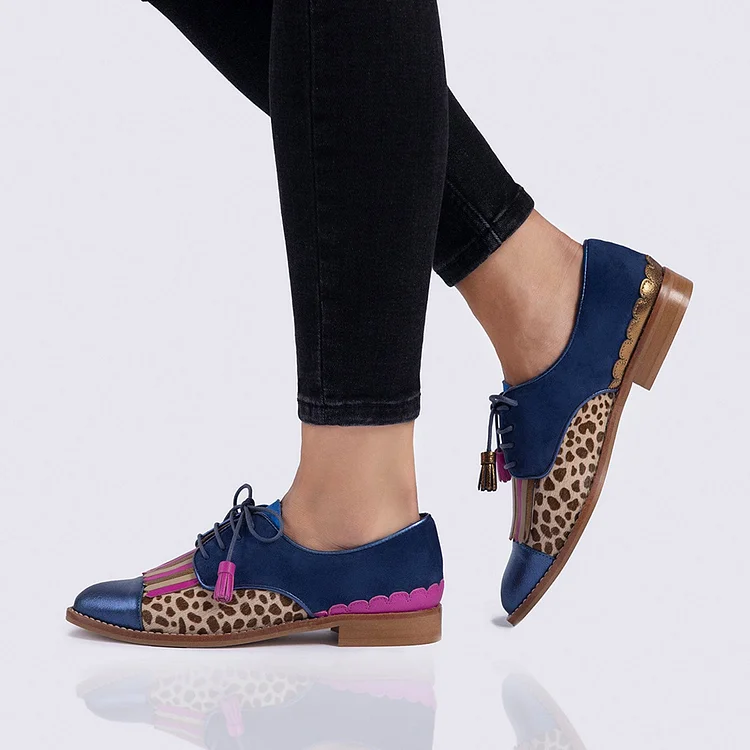 Navy Blue Leopard Print Fringe Lace Up Oxford Shoes for Women |FSJ Shoes