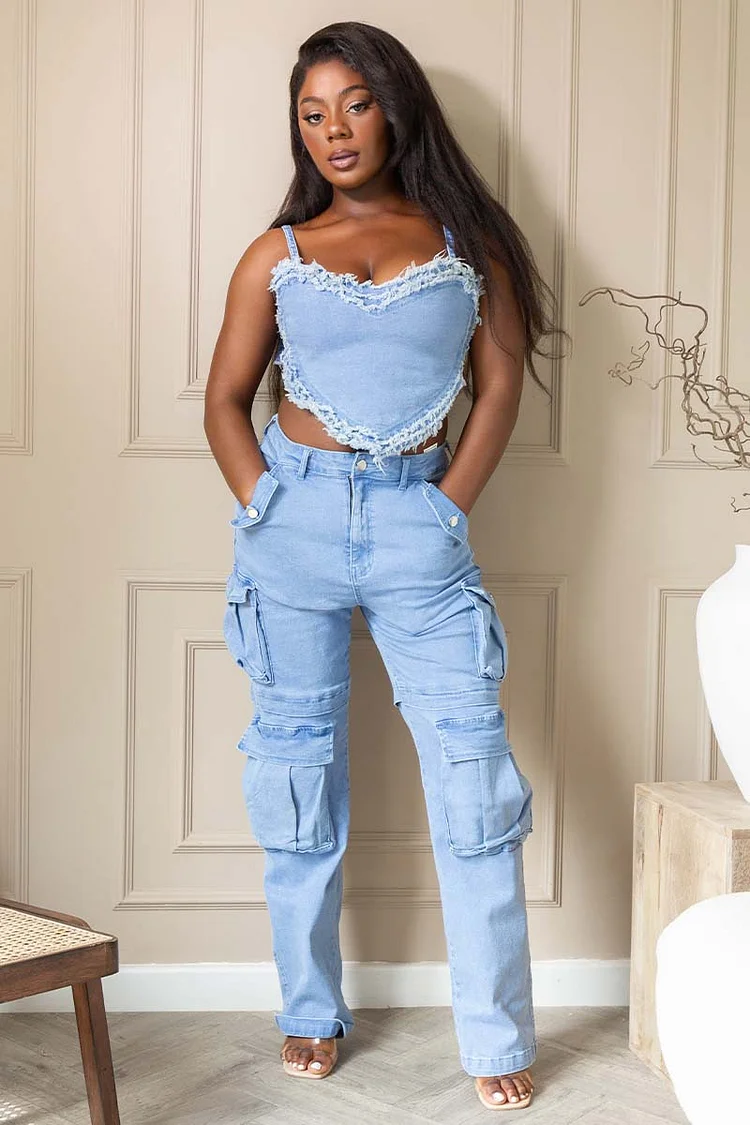 Irregular Heart Top Pocket Pants Denim Set