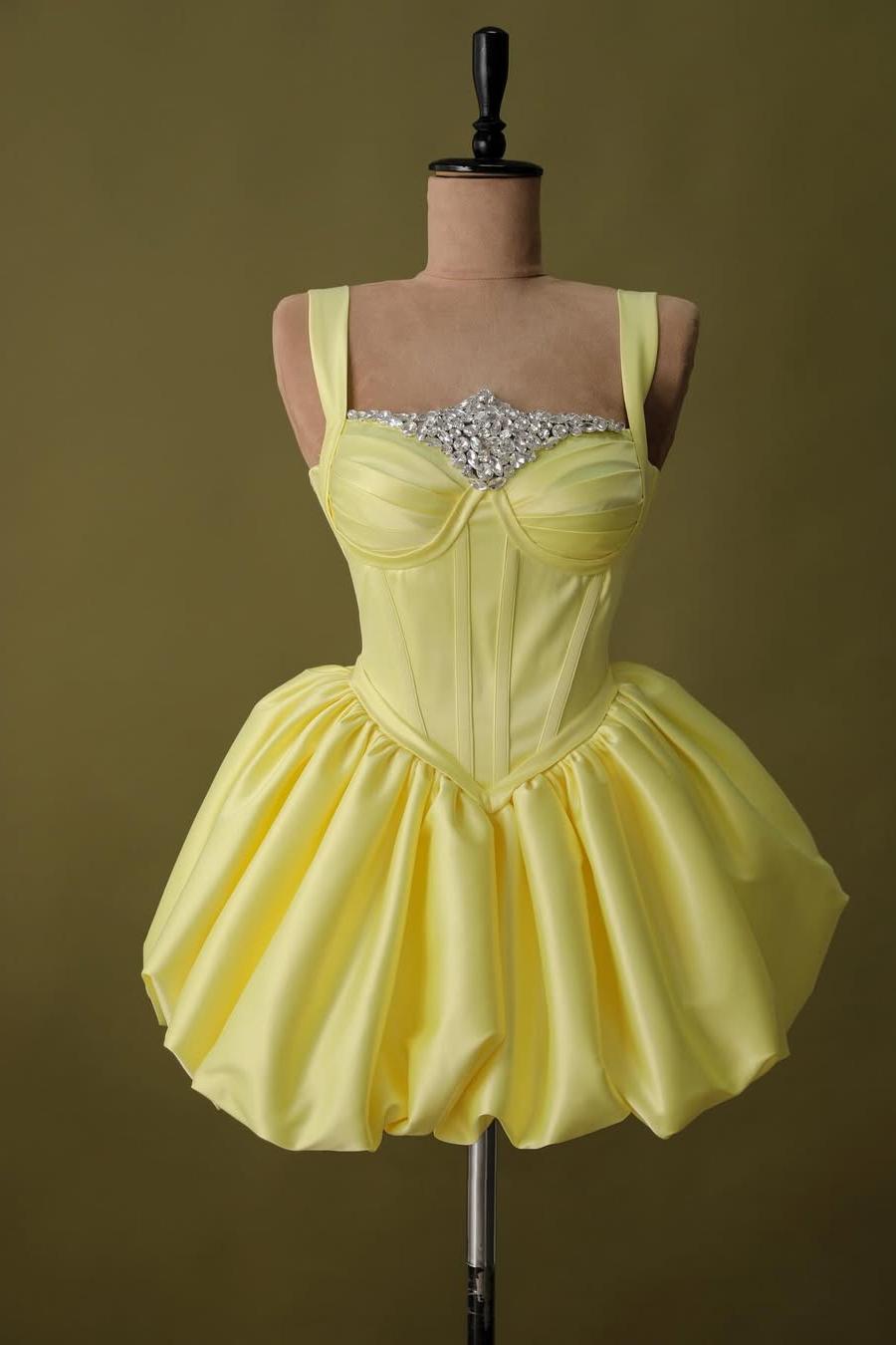 Lussooy Daffodil Exquisite Satin Spaghetti Strap Beaded Sleeveless Short Prom Dress