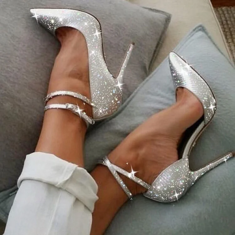 Sexy Silver Ankle Strap Pumps Shoes Pointed Toe Sparkling Heels |FSJ Shoes