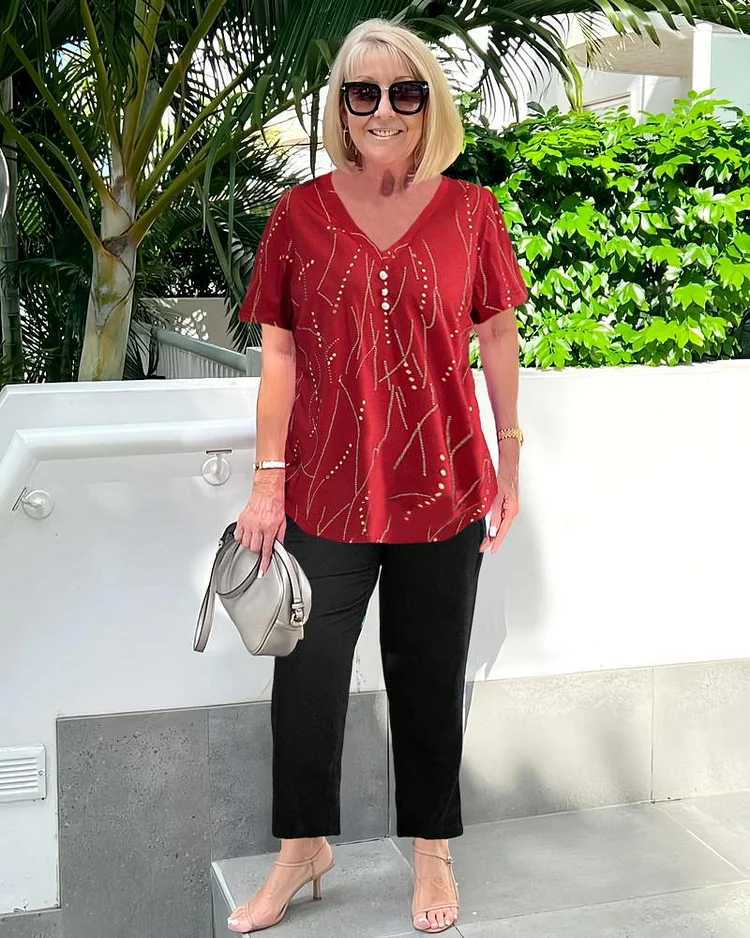 V-neck Short Sleeve Printed T-shirt Top socialshop
