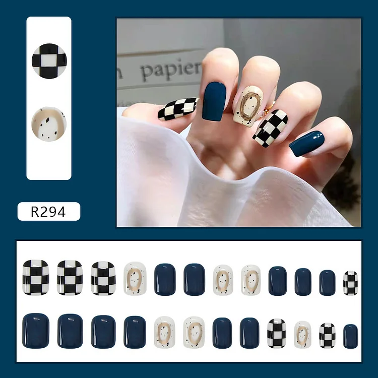 Short Wear Armor Black Chessboard Grid Haze Blue Finished Product Fake Nails Removable Nail Sticker Nail Tips Nail