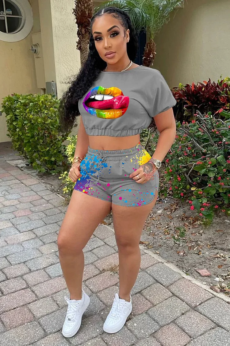 Multicolor Print Tied Backless Crop Top Two Piece Shorts Set