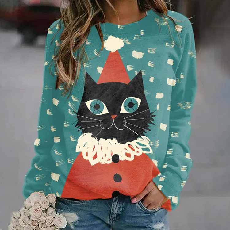 Vefave Santa Hat Cat Print Long Sleeve Sweatshirt