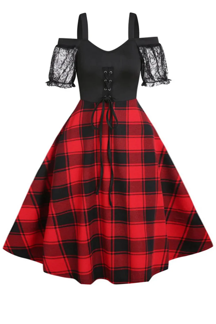 Gothic Black Casual Lace Patchwork Cold Shoulder Plaid Lace Up Midi Dress