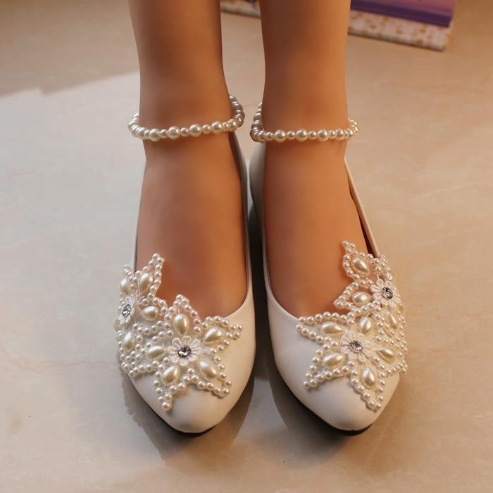 White Flat Wedding Shoes Pearls Ankle Strap Bridal Shoes |FSJ Shoes
