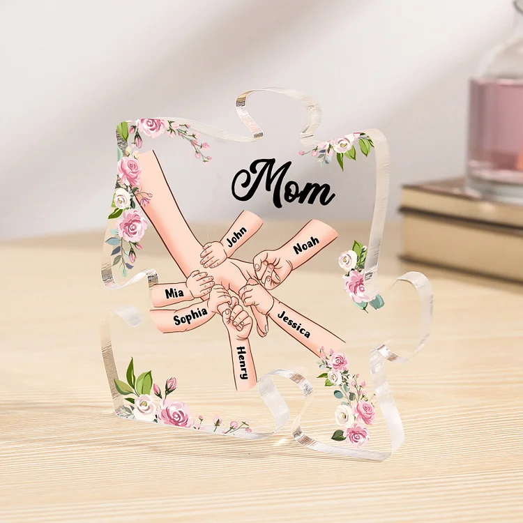 Personalized Acrylic Puzzle Plaque Custom 6 Names & 1 Text Holding Hands Ornament Family Gift for Mom/Grandma