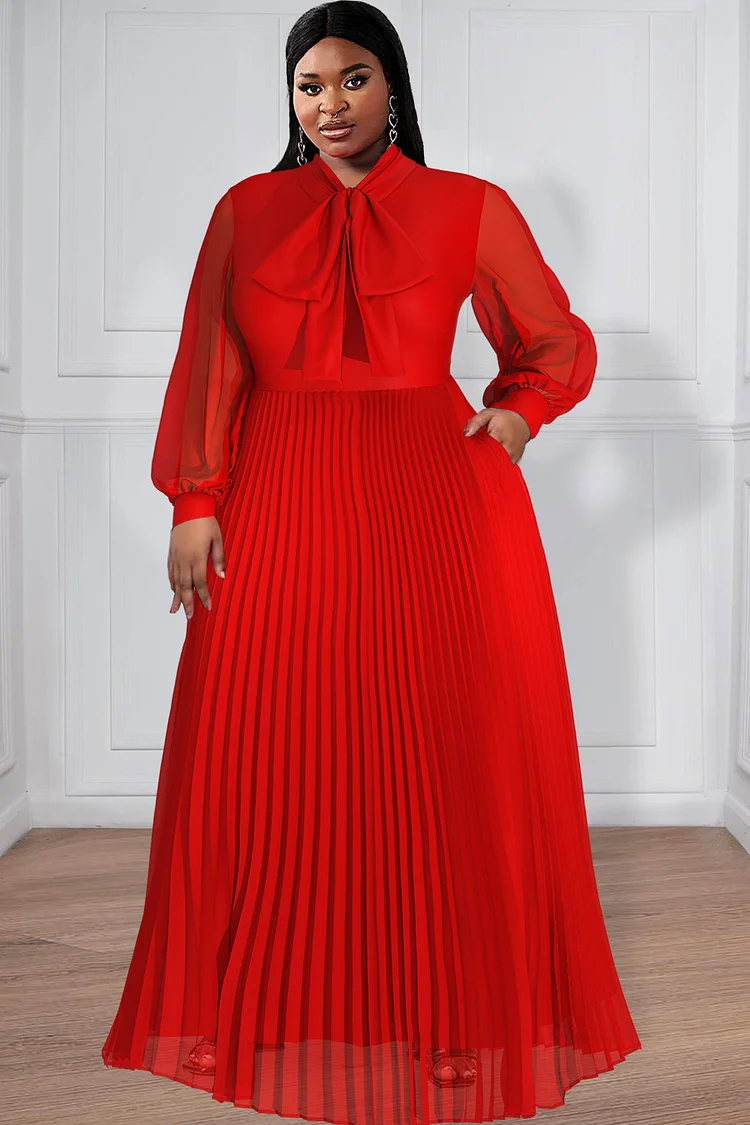 Plus Size Daily Maxi Dresses Elegant Red Fall Winter Lantern Sleeve Long Sleeve Bow Tie Chiffon Maxi Dresses With Pocket [Pre-Order]