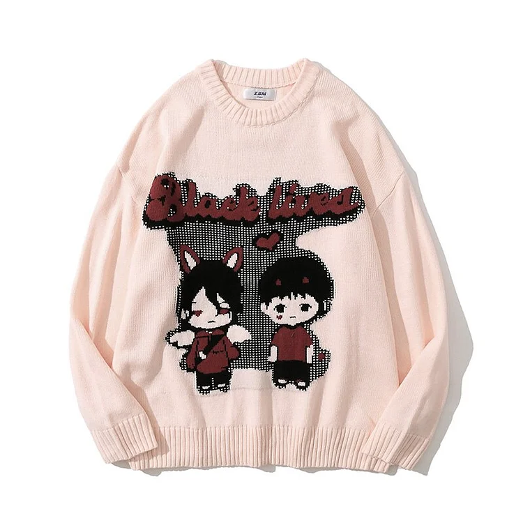 Funny Black Lived Couples Printed Pullover Knitwear