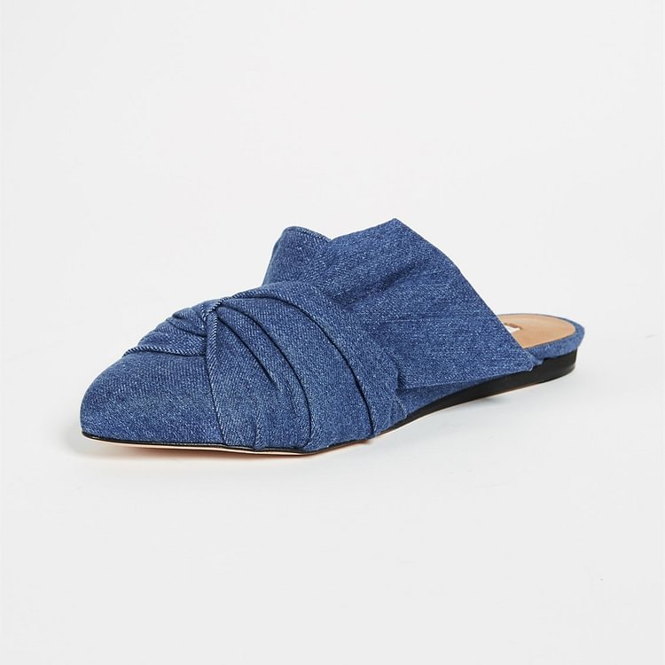 Blue Denim Mule Almond Toe Flats Jean Loafers for Women |FSJ Shoes