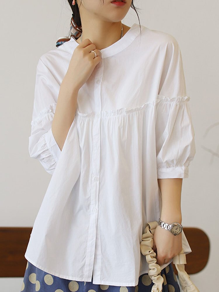 Solid Color O neck Button 3/4 Length Sleeve Fungus Loose Women Blouse P1858164