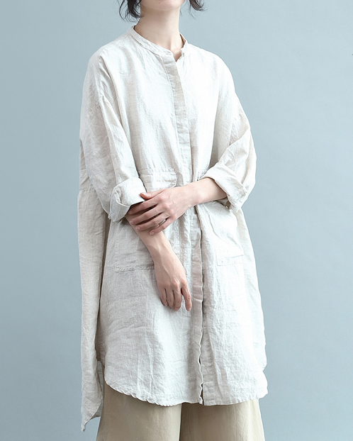Stand Up Collar Long Sleeve Solid Color Asymmetric Hem Linen Loose Shirt