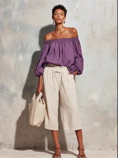 Women's Casual Style Purple Cotton And Linen Off-Shoulder Long Lantern Sleeve Top And White Cotton And Linen Capri Pants Set MD