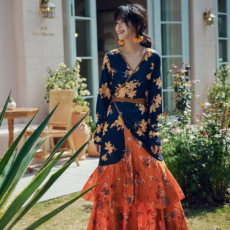 Flower Print Long-Sleeve Maxi A-Line Dress YP4463