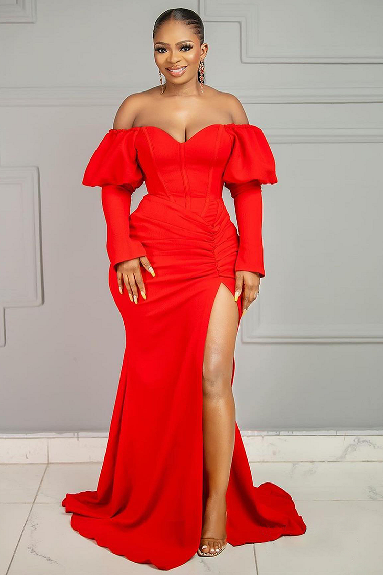 Off Shoulder Puffy Long Sleeve Ruched High Slit Mermaid Gowns Maxi Dresses-Red