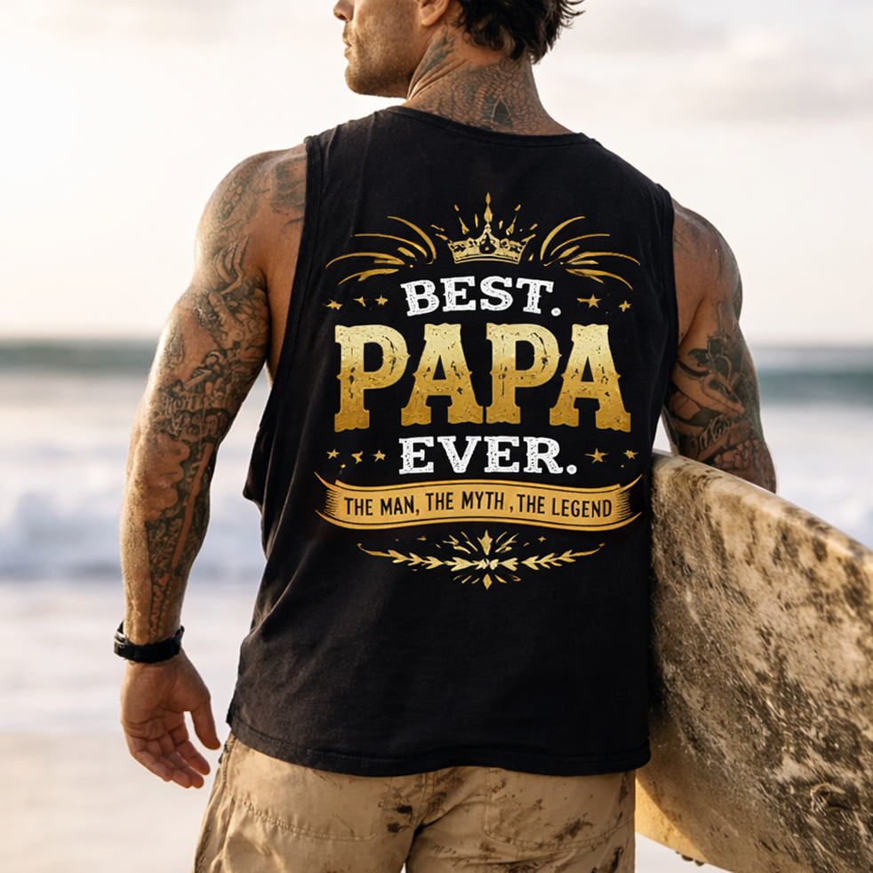 thesupersurf Cotton Papa The Best Dad Ever Sleeveless Tank Top Premium Quality Graphic Vest for Men