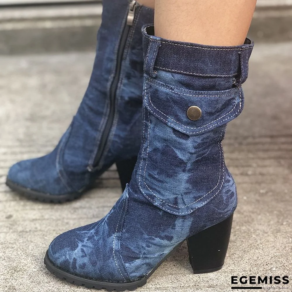 zolucky Mid-rise chunky with casual denim booties | EGEMISS