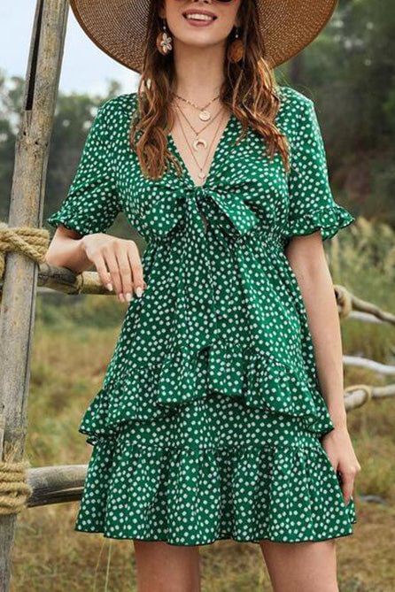 Bowknot Double Layered Ruffled Print Dress - Shop Trendy Women's Clothing | LoverChic