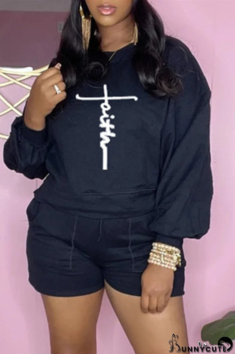 Black Fashion Casual Print Basic O Neck Long Sleeve Two Pieces