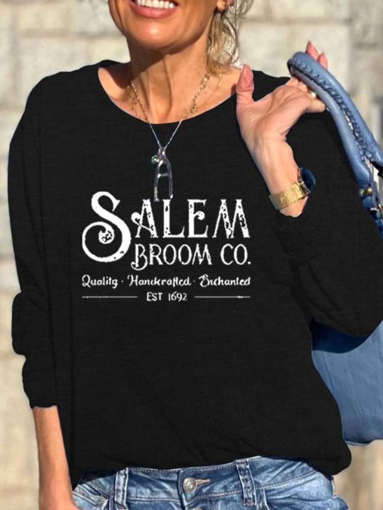 Halloween Salem Broom Co Print Crew Neck Long Sleeve Sweatshirt