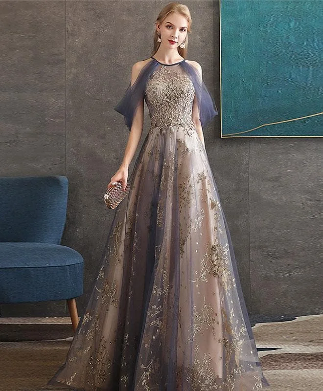 Gray Blue High Neck Tulle Lace Long Prom Dress Gray Tulle Formal Dress A037
