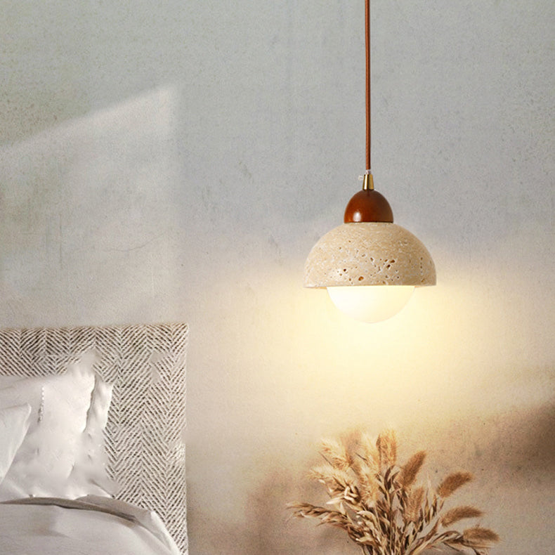 Traditional Vintage Round Tapered Glass Yellow Travertine Iron 1-Light Pendant Light For Bedroom