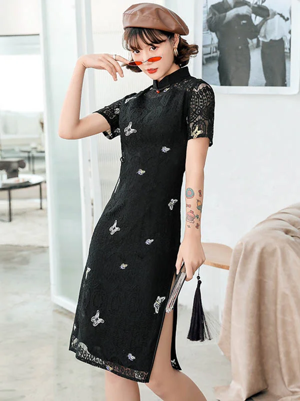 Butterflies Print Black&White Stand Collar Short Cheongsam