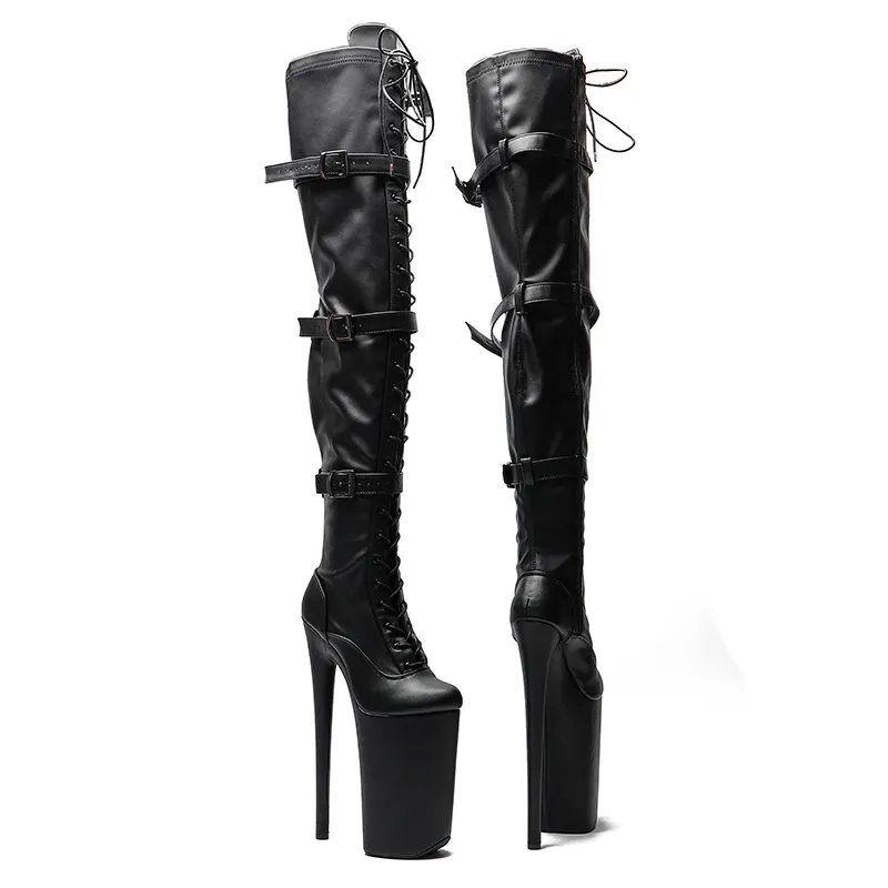 VCshoes 26CM/10inches Matte Upper Extreme High Heels Platform Boots Lace Up Pole Dancing Knee High Boots 5B