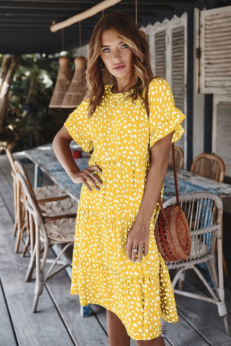Knee Length Short Sleeve Printed Chiffon Dress - BlackFridayBuys