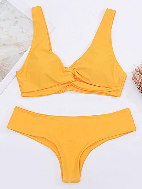 Solid Color Cross Hollow Split Bikini Swimsuit