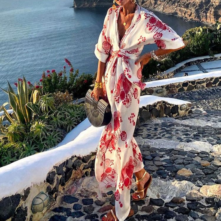 VChics Fashion Deep V-neck Floral Print Maxi Dress