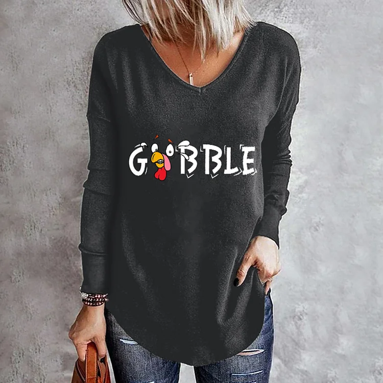 Vefave Turkey Gobble Print Long Sleeve T-Shirt