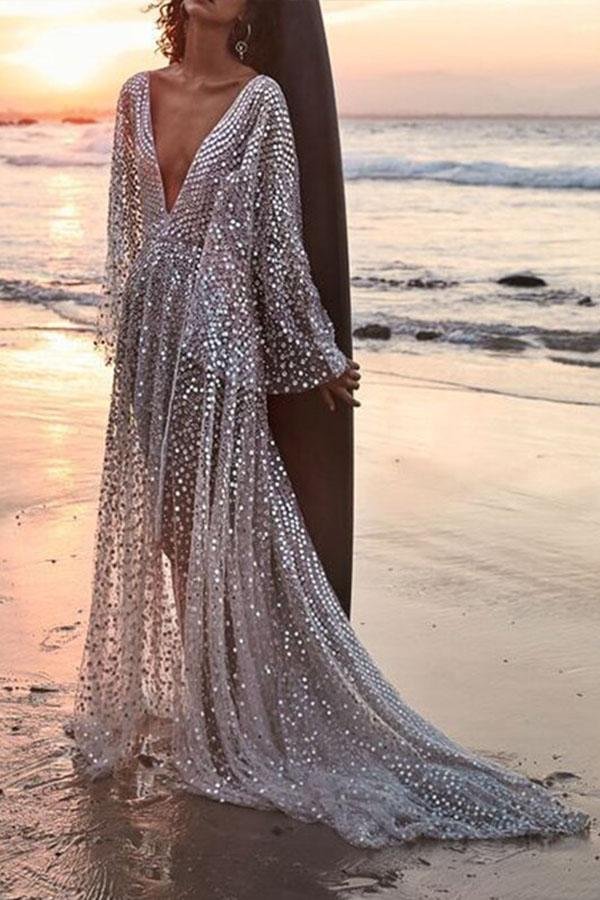 Sexy See-through Deep V-neck Long Sleeve Dress P14675