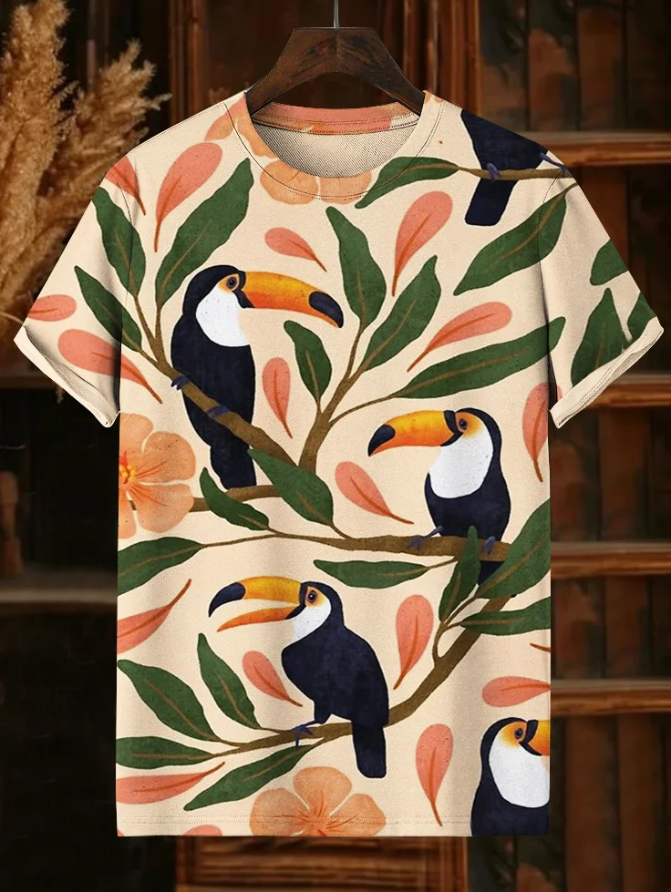 Men's Hawaiian Hibiscus Toucan Print Casual T-Shirt